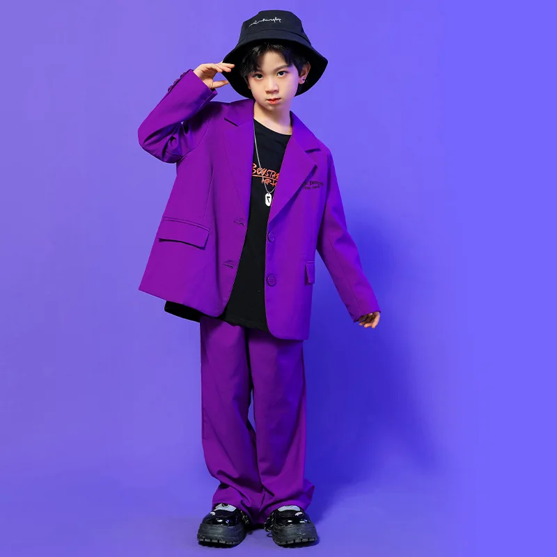 Kid Hip Hop Clothing Purple Blazer Shirt Jacket Top Casual Wide Leg Baggy Pants for Girl Boy Dance Costume Suit Clothes Outfits