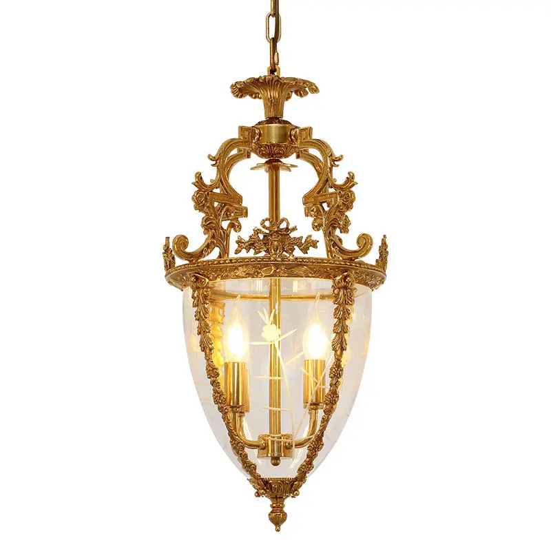 Antique Brass Candle Pendant Lamp Bronze Lantern Lighting Hotel Lobby Hanging Luxury Glass Chandelier Lights