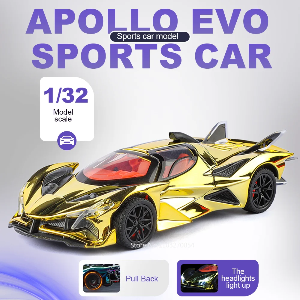 

Миниатюрная спортивная машинка Apollo EVO Hellcat 1:32, литая модель из сплава, игрушка с рулевым управлением передними колесами и амортизацией, коллекционный подарок