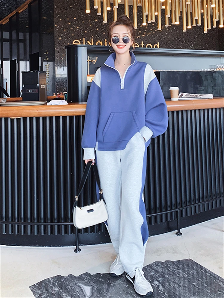 

Women Two Piece Set 2022 Autumn Fashion Loose Spliced Bat Long Sleeve Pullover Hoodie Coat High Waist Wide Leg Sports Outfit T11