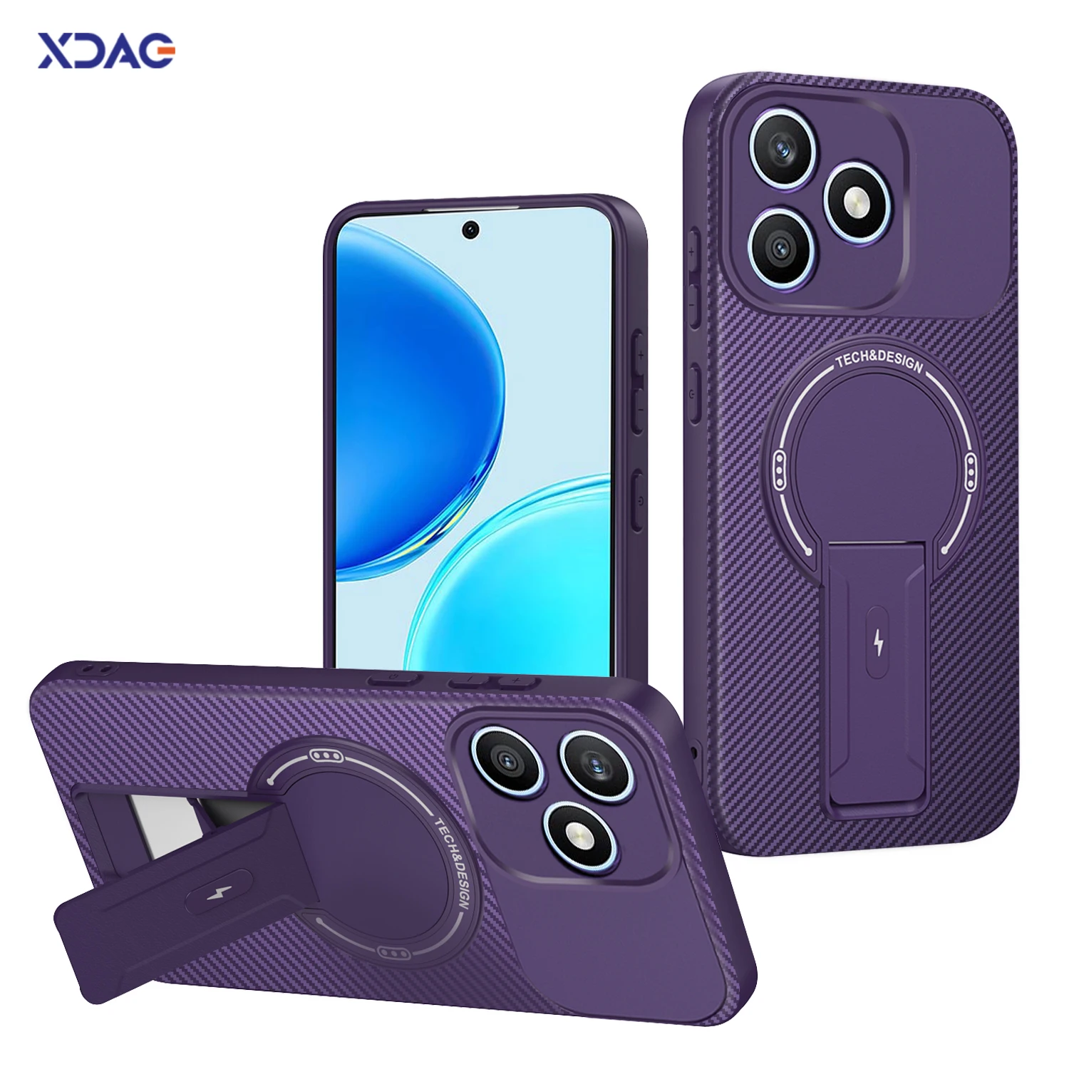 Foldable Bracket Phone Case for Honor X8D X5C X5D Plus X7D X6C 4G 5G X5C+ X5D+ Carbon Fiber Texture Magnetic Luxury Bumper Cover