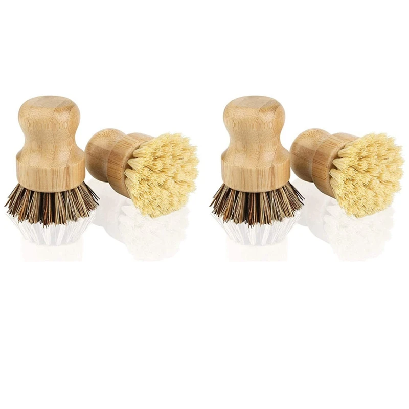 Bamboo Dish Brush 4Pcs Bamboo Mini Scrub Brush Pot Brushes Dish Scrubber For Cast Iron Skillet, Kitchen Sink, Bathroom Retail