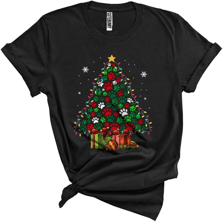 Puppy Paws Red White Green Christmas Tree Shape Xmas Lights Matching Group Unisex T-Shirt