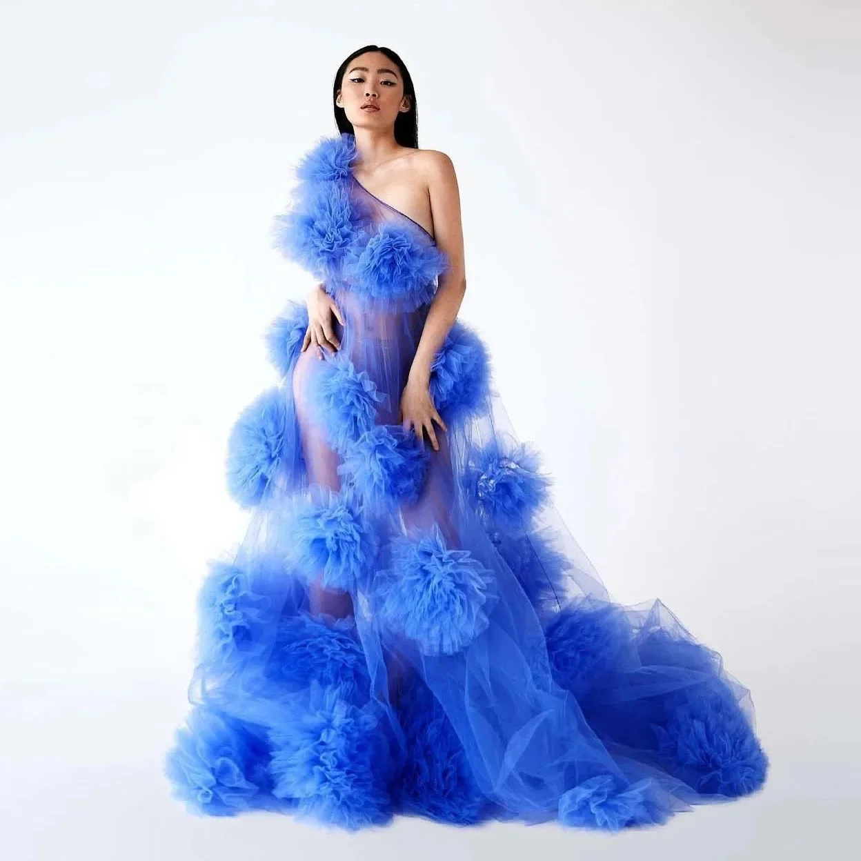 Royal Blue Ruffles Balls Tulle Dresses Women Sher Fashion Maxi Prom Gowns Mesh Long Party Dress Layered Transparent