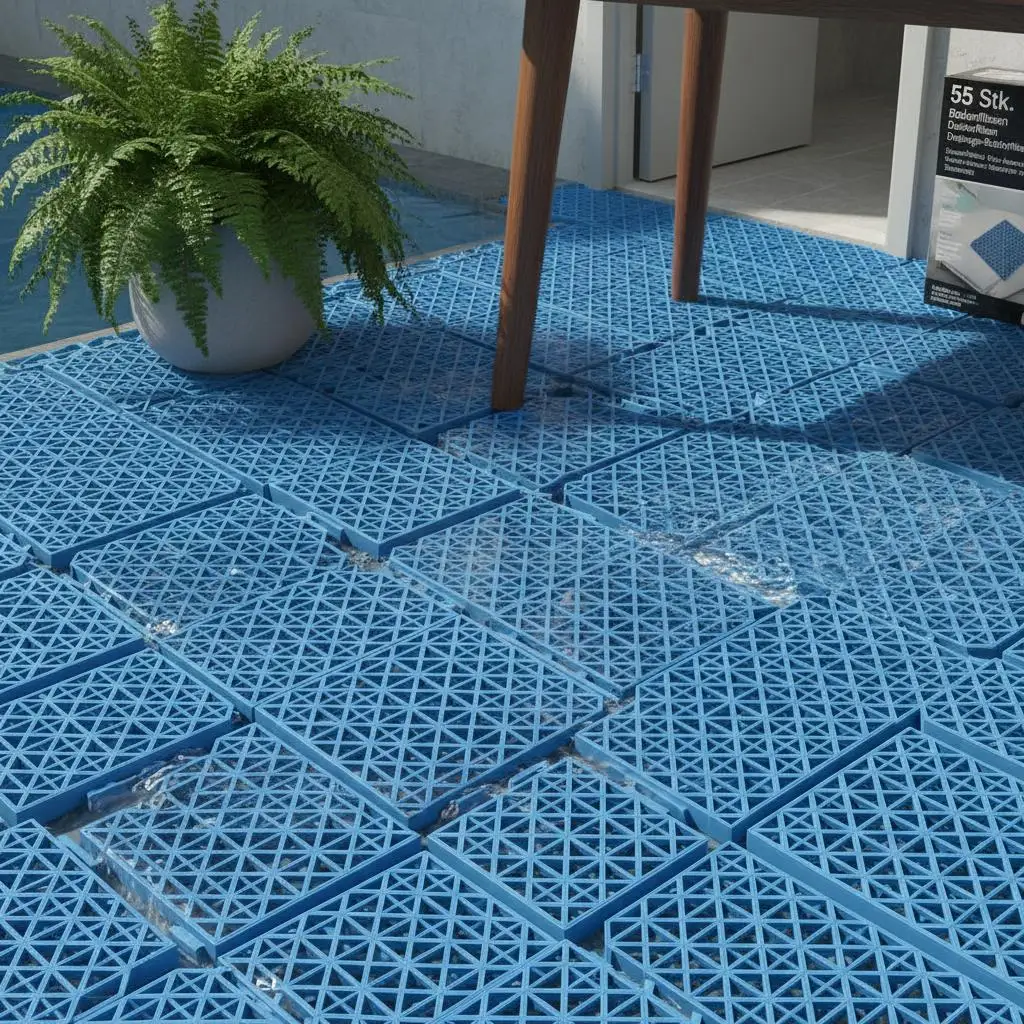 

Modular Flooring 12" x 12" For Restroom Bathroom Kitchen, 55PCS Blue Splicing Slabs Soft PVC Drainage Holes Wet Areas Use