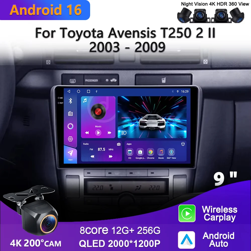 Android 16 Car DVD Multimedia Player For Toyota Avensis T250 2 II 2003 - 2009 Auto Radio GPS Navigation Carplay Dash Cam