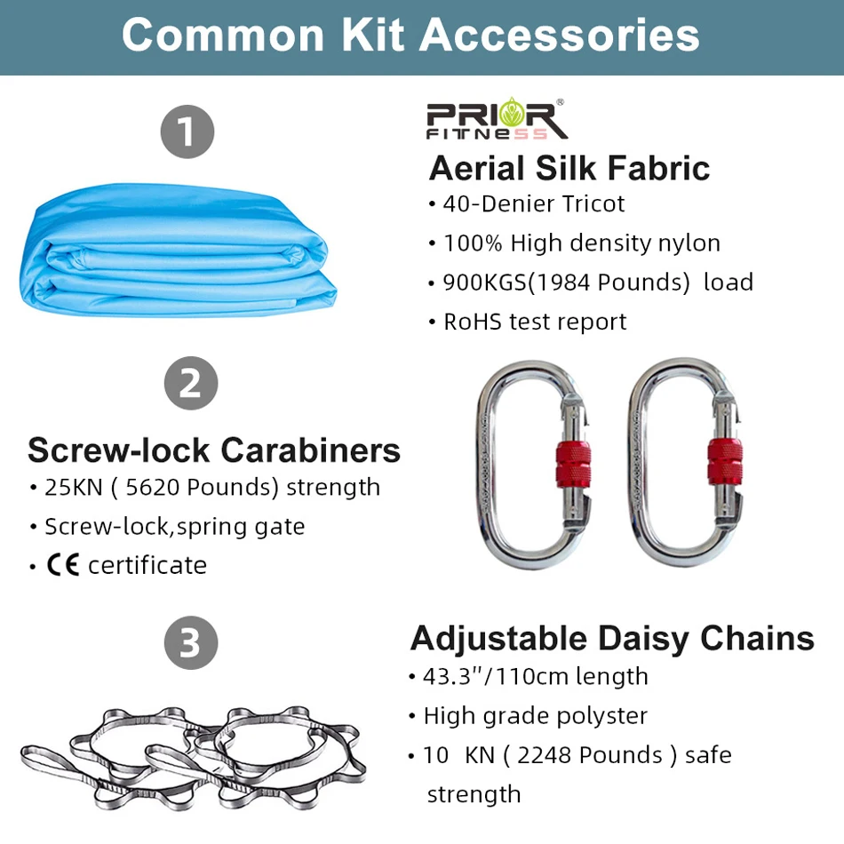 مجموعة أرجوحة اليوغا الهوائية ، ملحقات سلسلة Daisy Carabiners ، حبال أحادية اللون مرنة متوسطة للاستوديو ، 6 أمتار