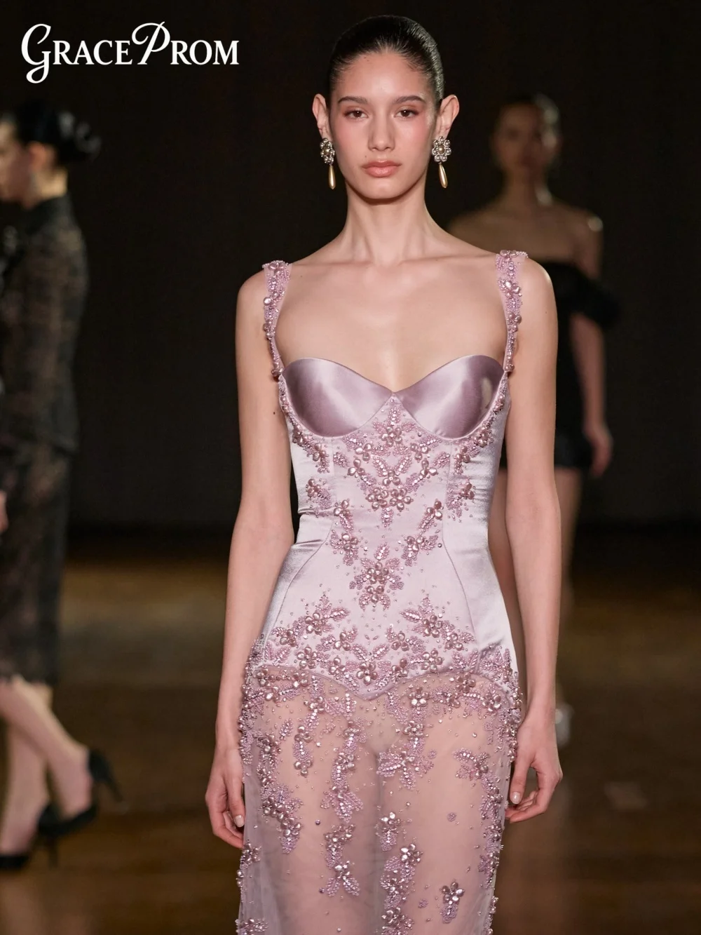 Elegante Vestido de Fiesta Lavanda 2026 con Brillo, Diseño Floral 3D, Estilo Sirena, para Invitadas de Boda, Vestido de Noche con Malla Transparente
