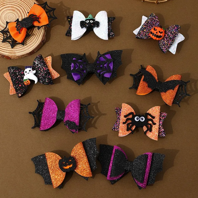 4/6/10PCS Halloween Glitter Hair Bows Clips Pumpkin Devil Bows Clips Girls Festival Party Barrettes Clips Kids Hair Accessories
