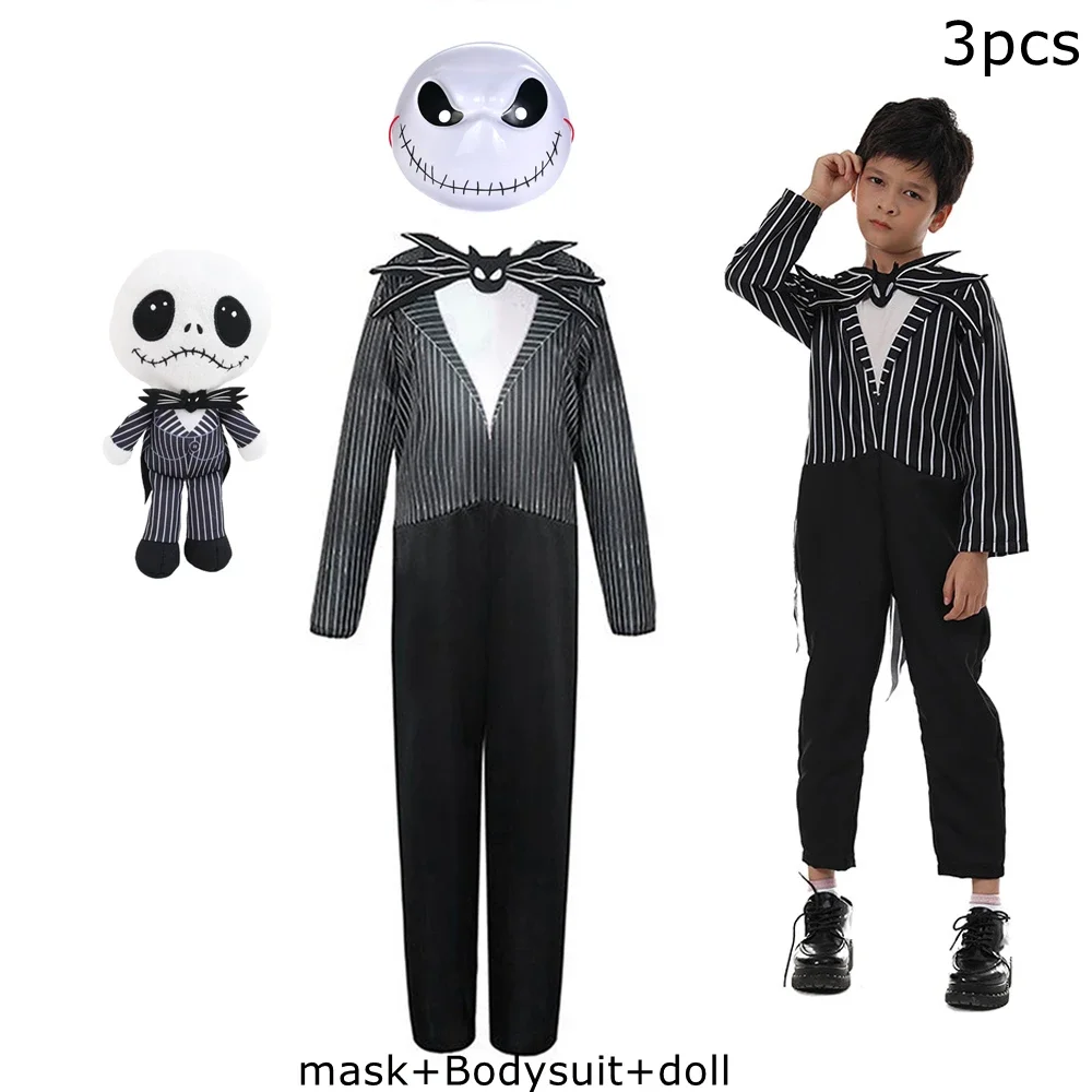 Black Skull Jack Cosplay Boys Costume Bodysuit Suit Halloween Christmas For Kids Party Dress Up Carnival Clothes