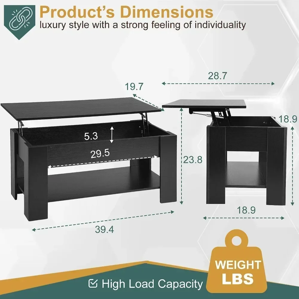 Mesa de centro con tapa elevable, con compartimento oculto y estante de almacenamiento, mesa de comedor de madera para