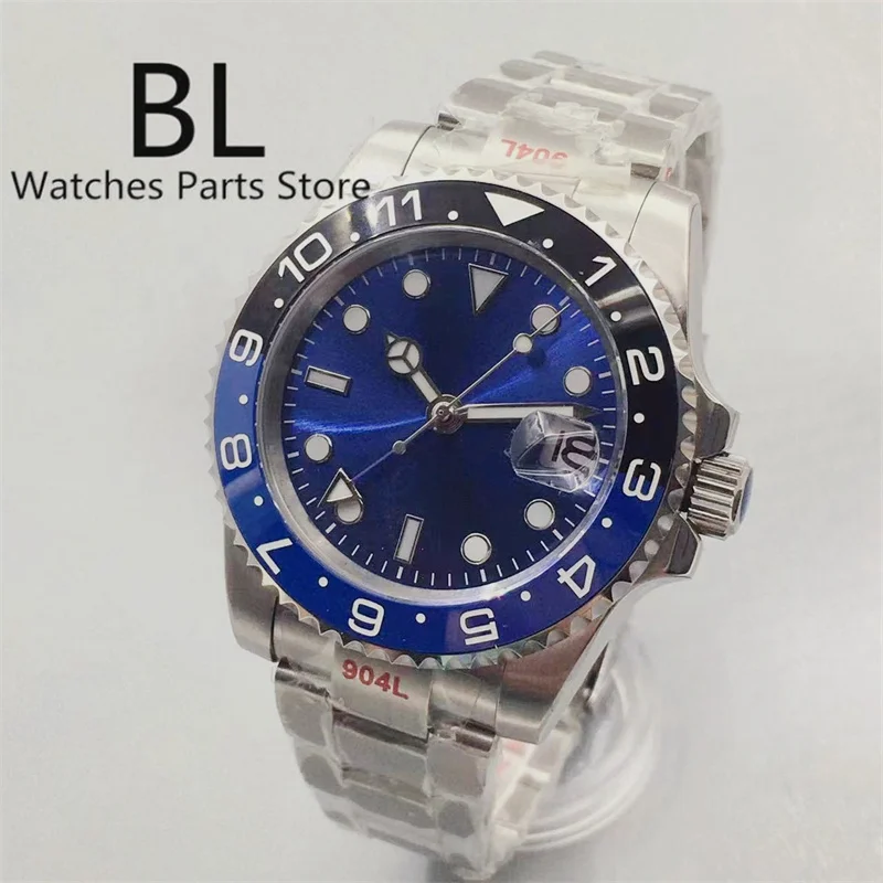 BLIGER 40mm Men Mechanical Wristwatches 100M Waterproof Sapphire Glass Batman Bezel Blue GMT Hand Blue Sunray Dial Luminous Date