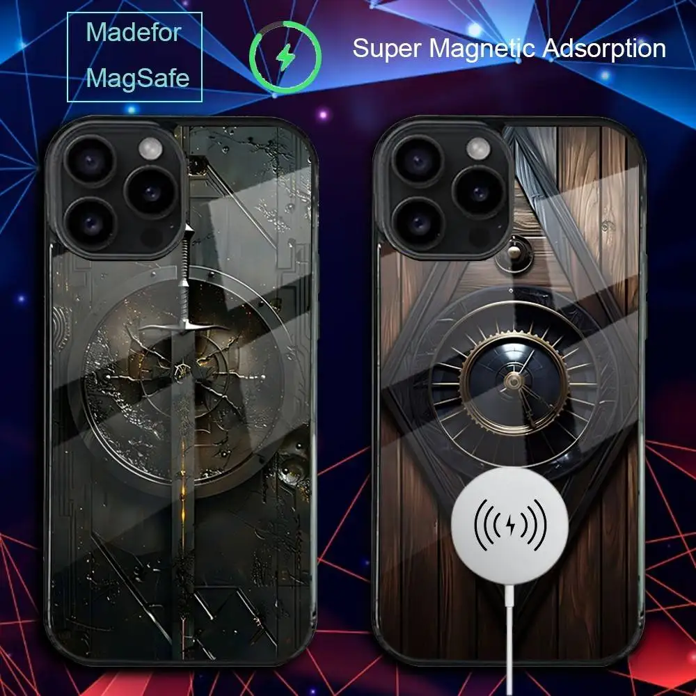 

Phone Case For iPhone 17,16,15,14,13,12,11,Pro,Max,Plus,Mini,SE4,E Magnetic Wood Compass Clock ART Magsafe Wireless Charging