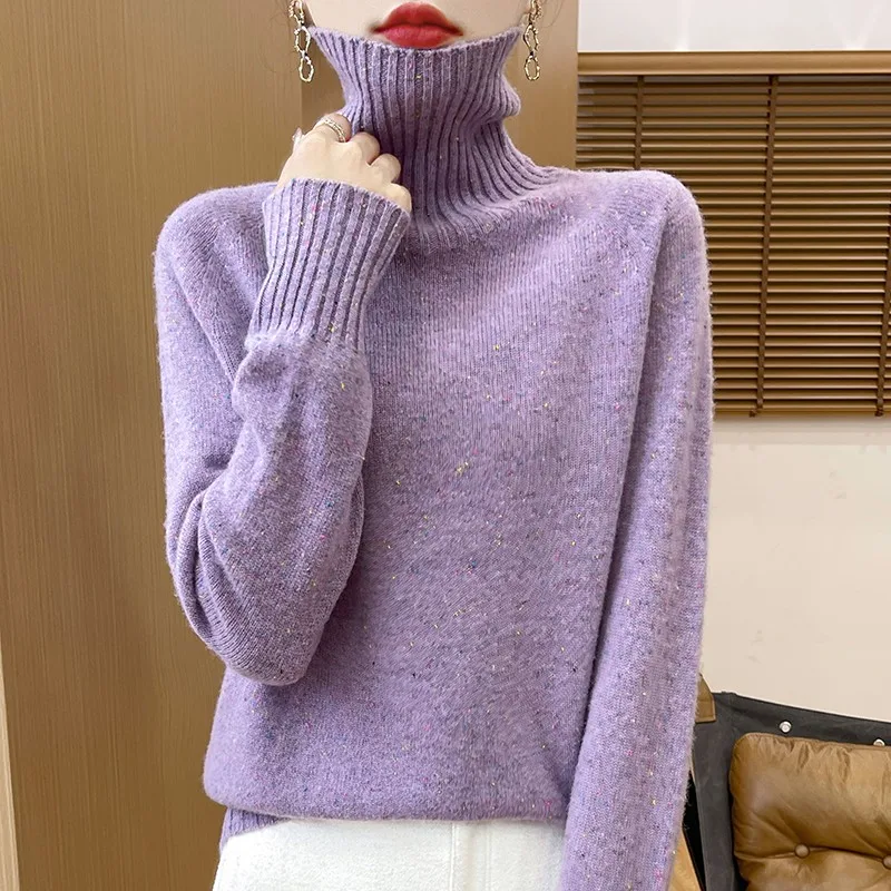 Fall/Winter new Women's sweater 100% Merino wool turtleneck pullover Fashion Color dot fork shoulder warm base knit shirt