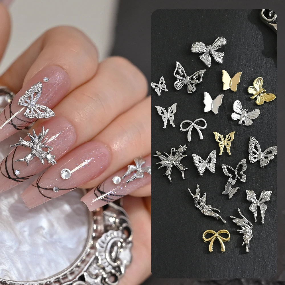 20 pçs/saco mini borboletas fita encantos da arte do prego prata metal acessórios do prego retro líquido borboleta unhas decoração suprimentos