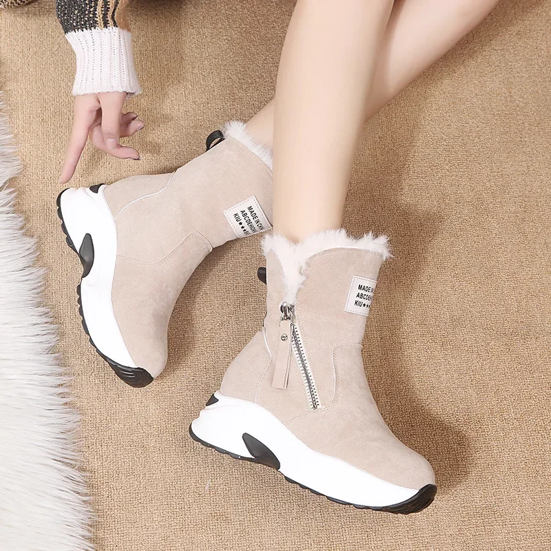 New Luxury Women's Boots Round Head with Velvet Warm Side Zipper Low Barrel Flat Bottom Casual Student Women's Snow Boots