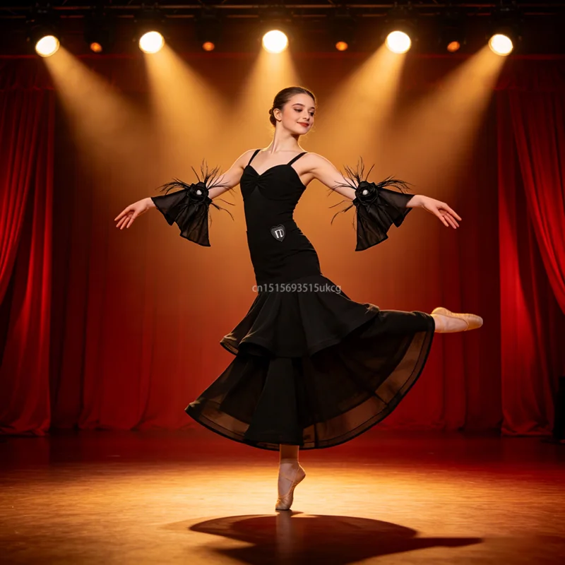 

Children Ballroom Dance Dress Latin Tango Rumba Modern Dance Competition Costume Chiffon Double Layer Skirt Hem Standard Dresses