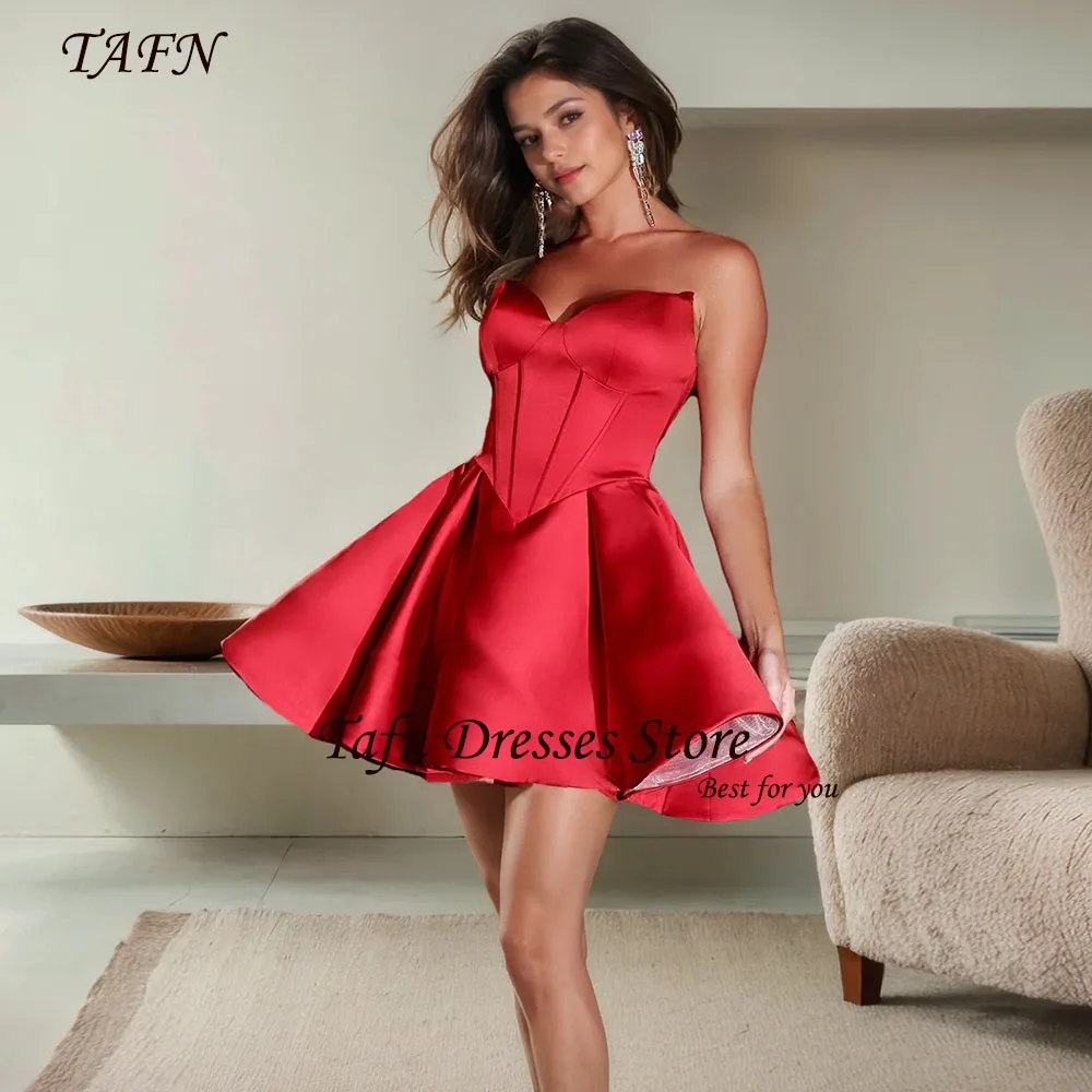 

TAFN Strapless Short Homecoming Dresses Mini A-line Draped Red Party Prom Gown Satin Simple Elegant vestidos de festa