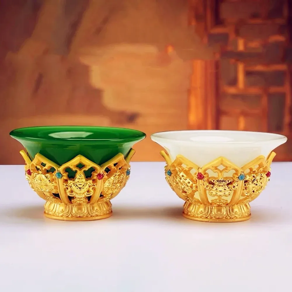 

Golden Tibetan Ghee Bowl Zinc Alloy Tantric Holy Water Cup 8.5 cm Engraved Buddhist Green Stone Bowl Gift Desktop Decorative
