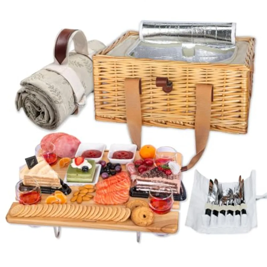 Cesta de Picnic de Mimbre para 4 Personas con Mesa Plegable para Vino, Bolsa Térmica Grande, Juego de Cubiertos para 4 Personas, Co