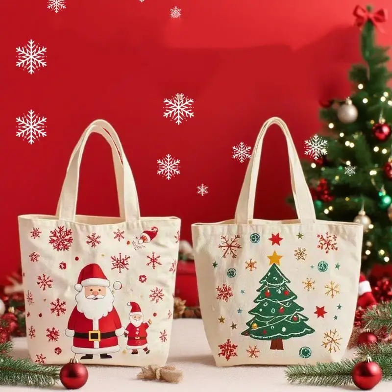 Christmas Handheld Cloth Bag Cartoon Santa Print Reusable Gift Pouch for Xmas New Year Party Decor Kids Present Wrapping
