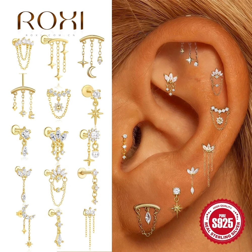 روكسي 925 فضة أقراط للنساء ستار شرابة اللولب سلسلة القرط استرخى القرط/بدون خيوط دفع في المخفية روك مسمار #1