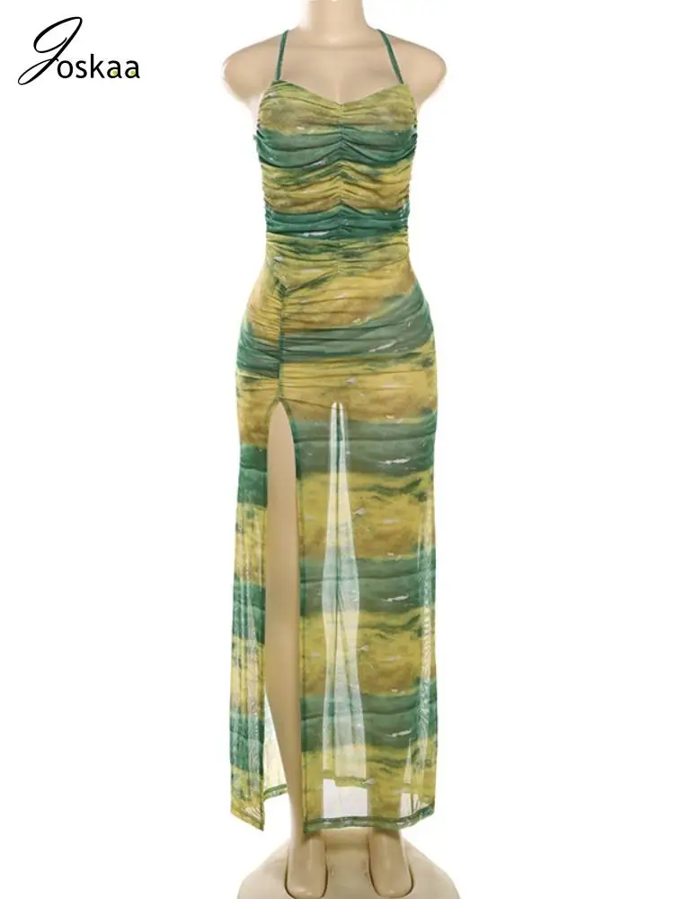 فستان Joskaa مطبوع شبكي شفاف للعطلات الطويلة للنساء مثير بحزام سباغيتي بفتحة عالية بدون ظهر فساتين ضيقة للحفلات والنوادي #4