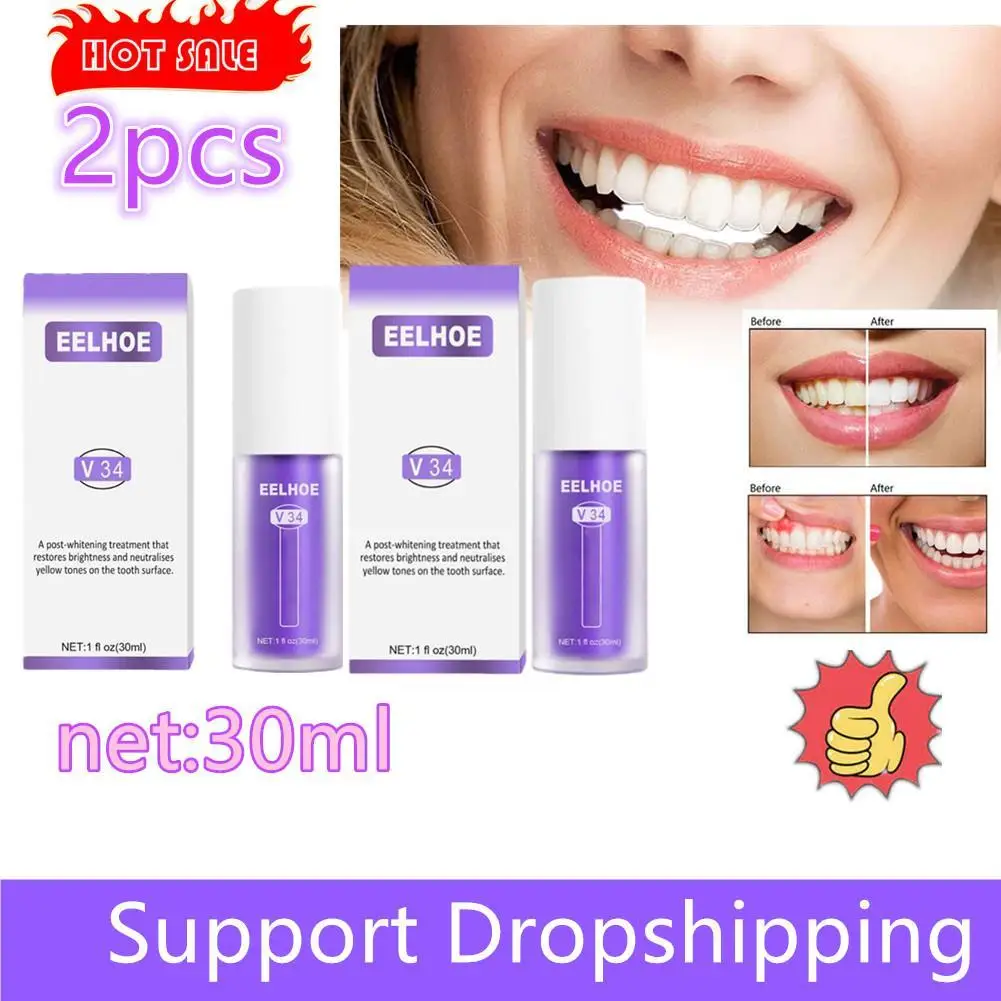 2pcs EELHOE V34 Toothpaste Repair Teeth Whitening Cleansing Stains Oral Cleaning Purple Orange Colour Corrector Toothpaste 2024