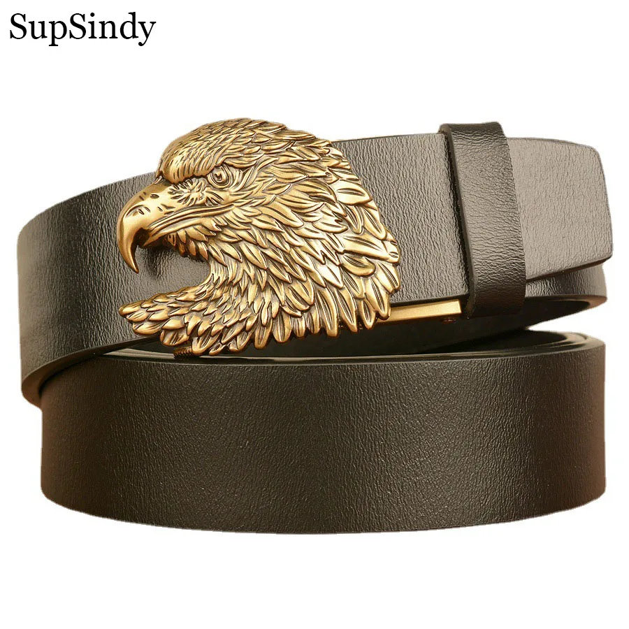 SupSindy Men Leather Belt Gold Eagle Metal Automatic Buckle Black Genuine Leather Belts for Men Jeans Cowhide Waistband Strap