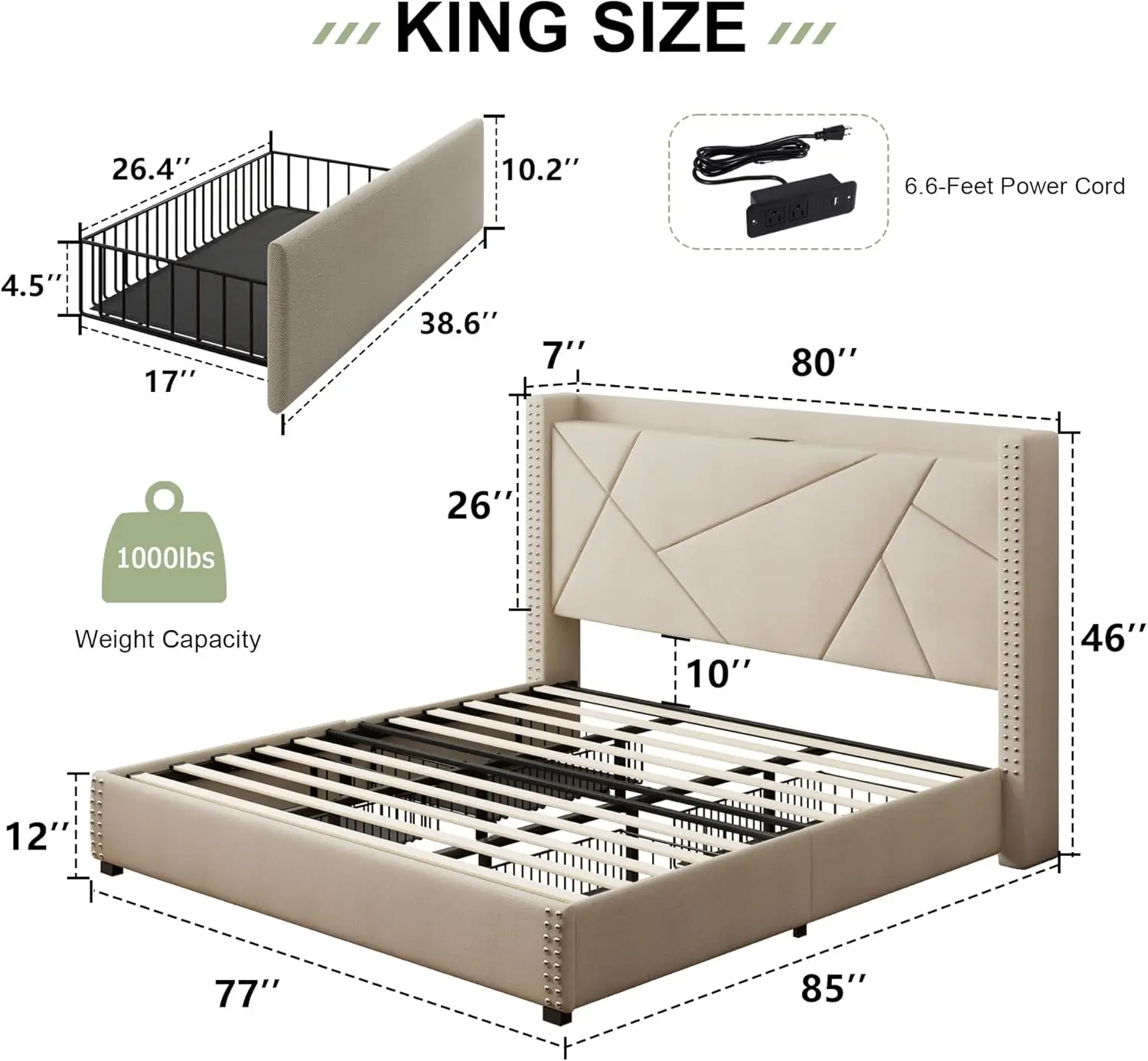 King Size Platform Bed Frame with 4 Storage Drawers Upholstered Bed Frame with Charging Station Solid Wood Slats Support Beige