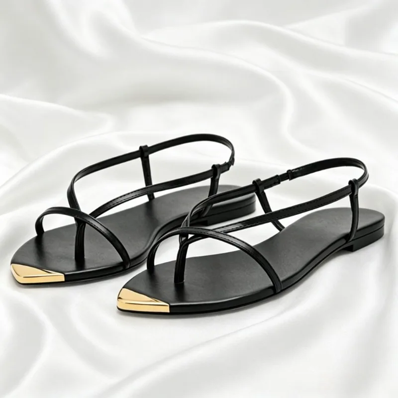 Unique Metal Pointed-toe Flat Sandals Women Fashion Hollow Narrow Band Gladiator Sandals Summer Sexy Clip Toe Beach Flip Flops