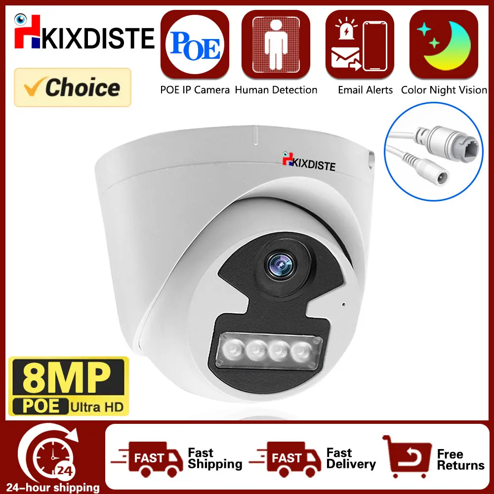 

4K Two-Way Audio POE IP Camera H.265 Plastic Indoor Dome CCTV Color Night Vision 8MP 4K Video Surveillance Dual LED Camera