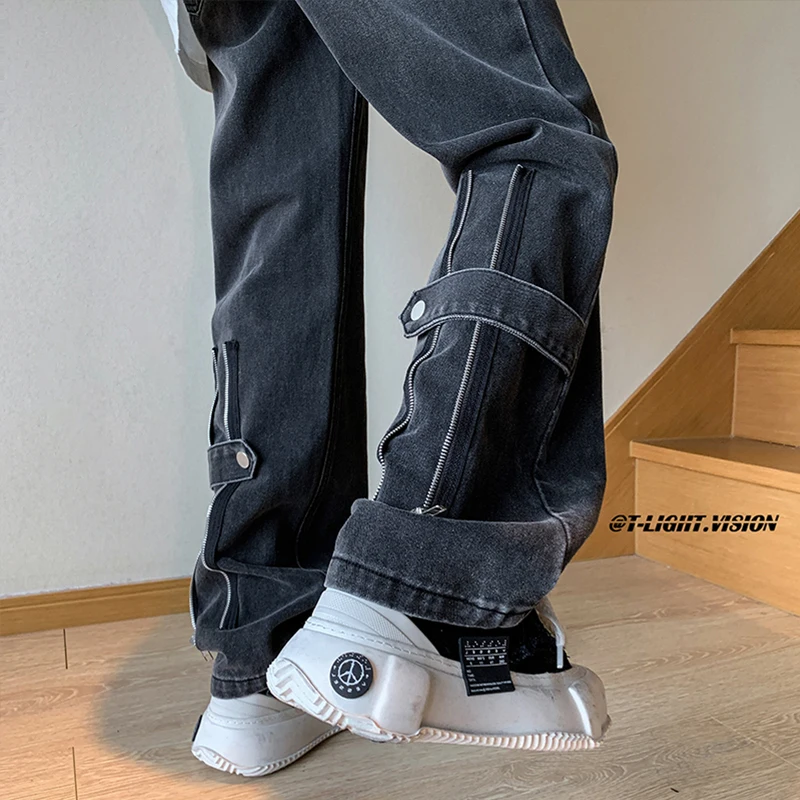 

American Vibe High Street Trendy Bla Zipper Men's Jeans Design Sensation Micro Flared Straight Workwear Pants Casual Jeans