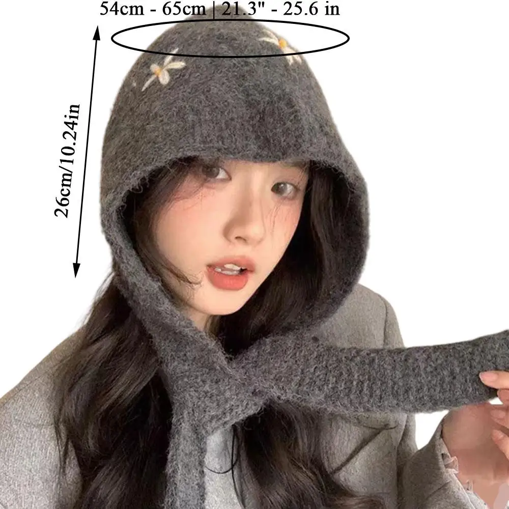 冬の花バラクラバスカーフニット帽子かわいい花耳保護ビーニーキャップ女性屋外スキースノーレースアップフード付きキャップ