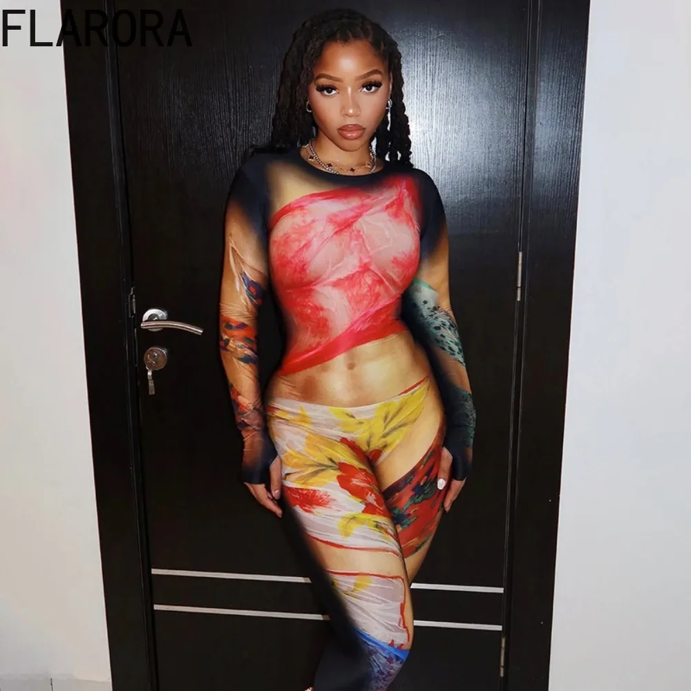 

FLARORA Vintage Colorful Print Bodycon Jumpsuits Woman Round Neck Long Sleeve One Piece Overalls Sexy Midnight Party Clubwear