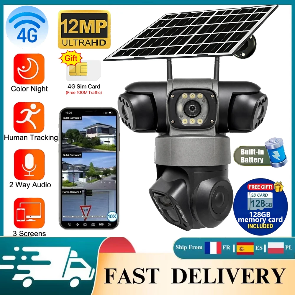 V380 Pro Telecamera Solare da Esterno Impermeabile 12MP 4G SIM con Scheda di Memoria da 128GB, Tre Obiettivi, Tre Schermi, Rilevamento Umanoide PIR, Visione Notturna, Pannello Solare, Sicurezza