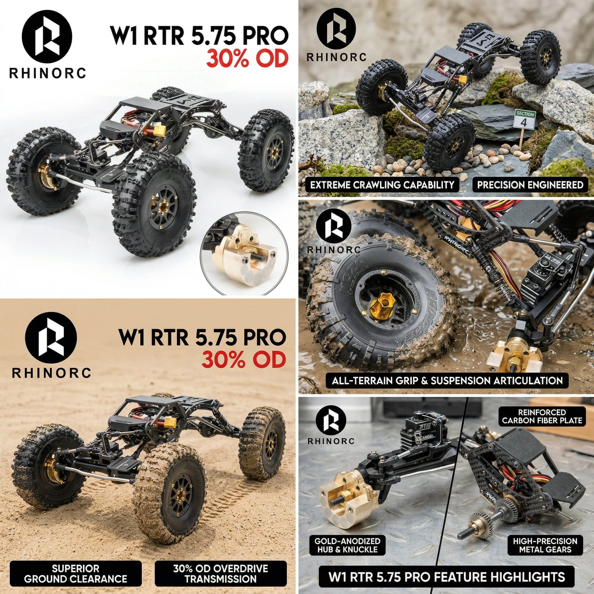 Rhino 1/10 Crawler Car W1 5.75 Pro Rtr 317mm With Moza 2.2 Inch Tires With 11.85oz Tungsten Steel