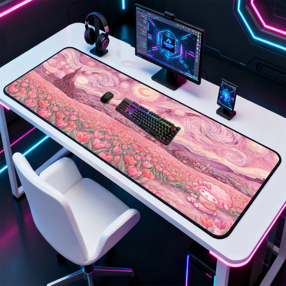 Starry Mouse Mat Large Night 140x60cm Desk 1800mm Pink Floral Gaming Accessories Office Thick Durable Oversized Nonslip Desk Mat