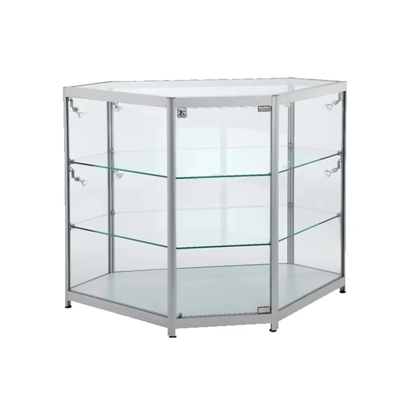 Custom.Aluminum Frame Silver pink Color Glass and MDF Corner showcase Design with Storage Cabinet