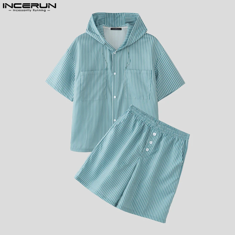 

INCERUN Men's Sets Striped Two-piece Suits Fashion Summer Hooded Shirts Casual Male Shorts Streetwear 2PCS Tops Short Pants