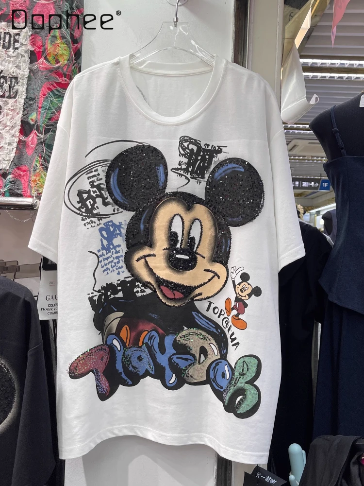 

European Products 2025 Spring and Summer New Cartoon Printed Sequins Short-sleeved T-shirt Women's Loose Casual Versatile Top