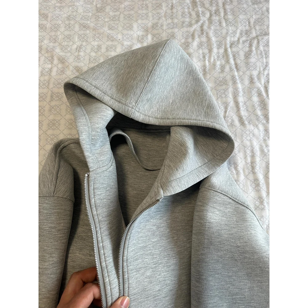 Damski szary płaszcz z kapturem, jednolity kolor, długi rękaw, luźna kurtka na zamek błyskawiczny, styl sportowy, damska moda jesienna, oversize, odzież wierzchnia.