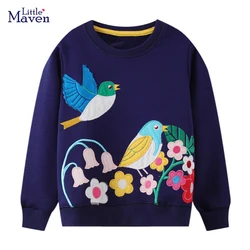 Little maven 2023 Spring Girls Sweatshirts Animal Birds with Flowers Appliques Children's Clothing Cotton Baby Girls Clothes