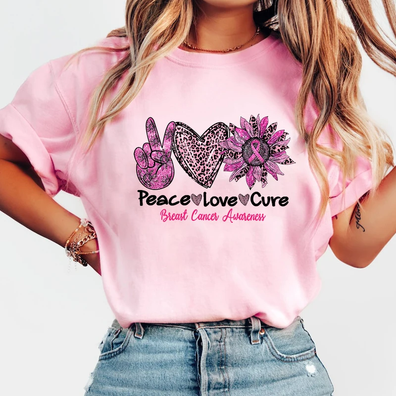 

10 Colors Women Fashion Short Sleeve Tee Shirt Peace Love Cure Breast Cancer Awareness Print T Shirt Casual Loose Summer Cool T