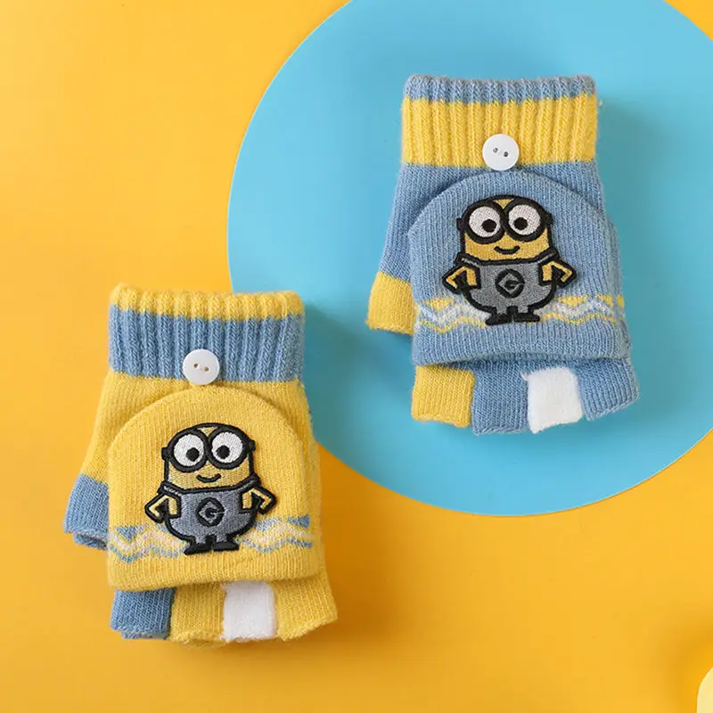 Minions Cute Children's Gloves Knitted Cartoon Flip Two-Purpose Half Finger Student Writing Winter Windproof Warm Gloves Gift