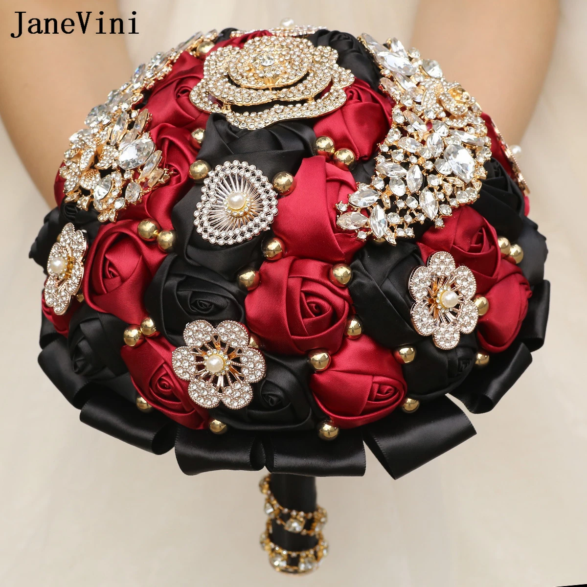 JaneVini New Customized Dark Red Bridal Brooch Bouquets Sparkly Gold Rhinestones Artificial Satin Roses Wedding Bouquet Flowers