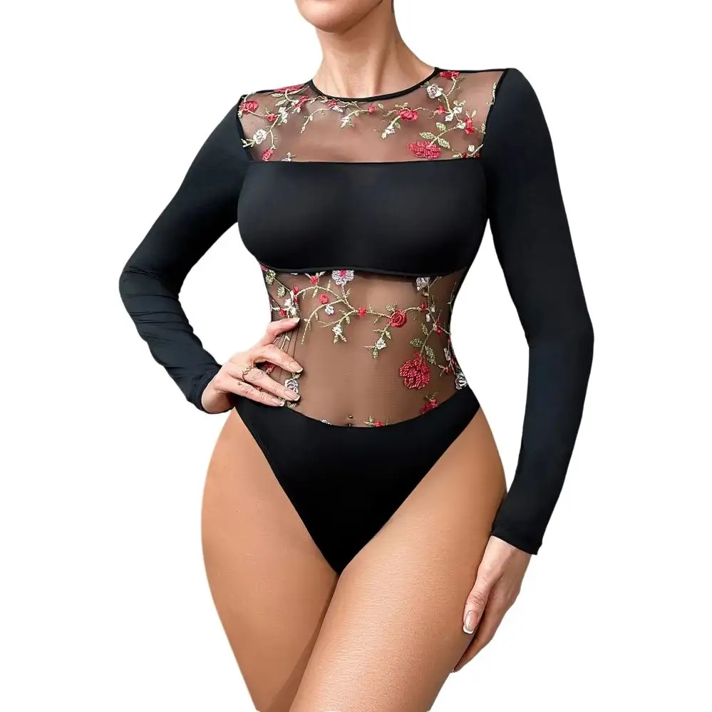 

Sexy European And American Netting See-through Embroidered Flower One-piece Long Sleeve Top Versatile Trade Fairytale Gown