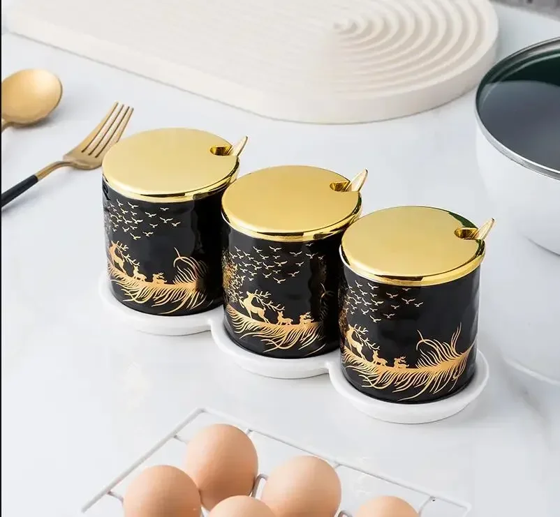 

Three-piece Kitchen Seasoning Jar with Tray Ceramic Spice Bottle Salt and Pepper Storage Jars Home Creative Seasoning Tools
