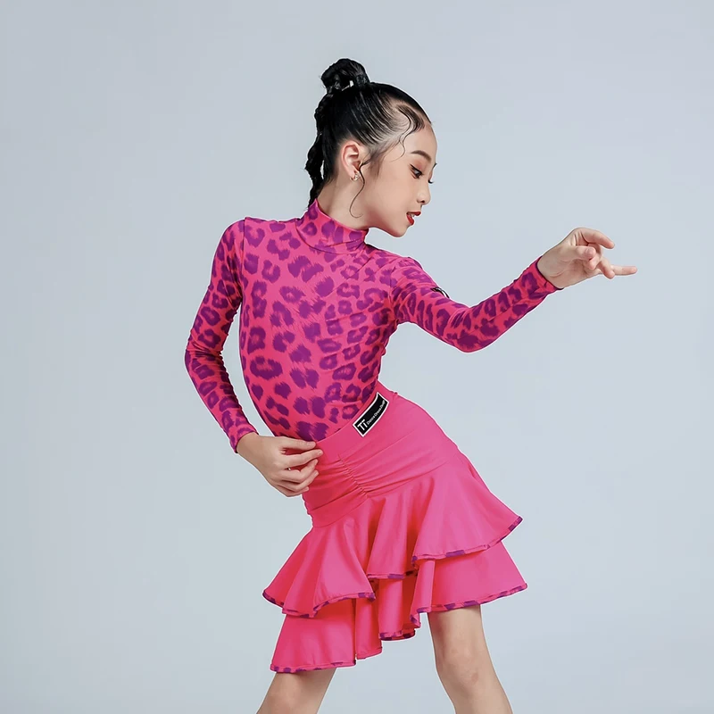 2024 New Latin Dance Costumes For Girls Leopard Print Long Sleeved Split Skirt Suit Kids Clothing Chacha Latin Dress DN17339