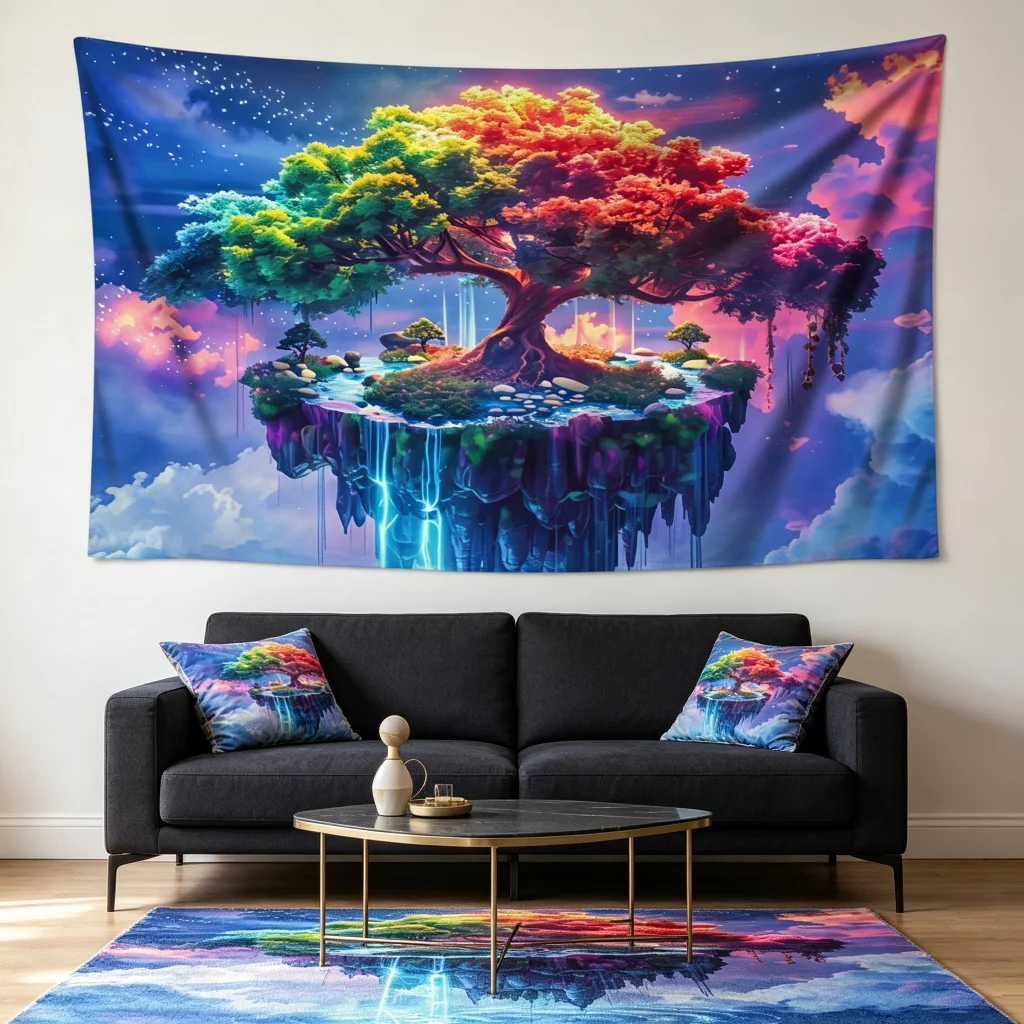 1PC Rainbow Tree Island Art Print Backdrop Banner, Bedroom Living Room Photo Background, Polyester, Home Decor, Wall Art